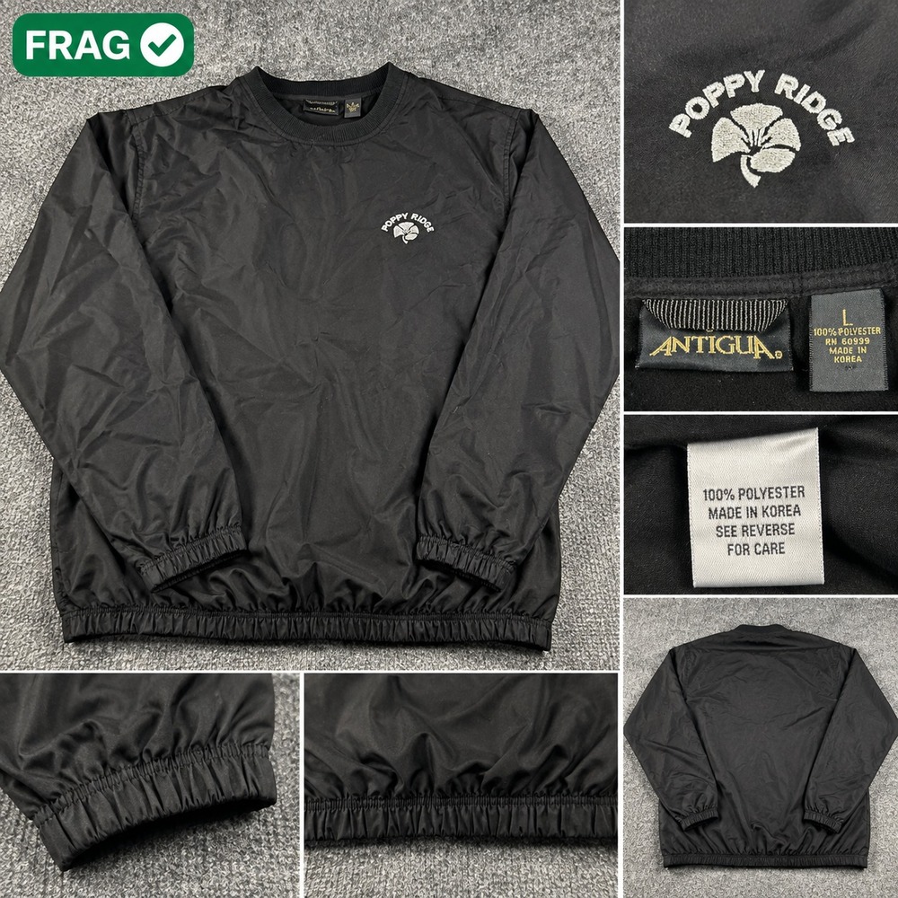 Antigua Men's Large Golf Windbreaker Pullover Poppy Ridge Black Crew Neck Jacket